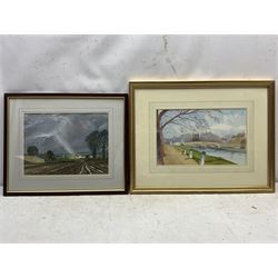 Michael Long (Bristol Savages 1940-): 'A Shaft of Light', gouache signed titled and dated '90, 25cm x 34cm; James Robson (Harrogate 20th century): Village Bridge, watercolour signed, artist's address label verso 23cm x 36cm; Roy Wrench (Bristol Savages): 'Newton Ferrers - Devon', watercolour signed and titled 29cm x 38cm; Charles James Kelsey (British 1870-1960): 'Hard Work', oil on board, signed and titled verso 22cm x 32cm (4)