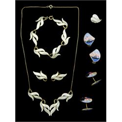 Scandinavian silver white enamel leaf design necklace, matching clip-on earrings and bracelet, pair of enamel Viking ship clip-on earrings, pair of cufflinks and a single clip on earring