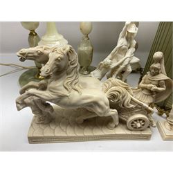 Onyx table lamp, with knopped stem and cream and green tassel shade, together with three smaller similar onyx lamps, classical style alabaster figures and a covered onyx jar
