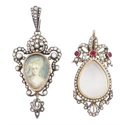 Two 19th century French silver pearl locket pendants, the first set with a pear shaped por...