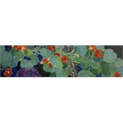 Matt Underwood (British 1971-): 'Nasturtiums', oil on canvas laid on to board signed, titled on exhibition label verso 28cm x 104cm 
Provenance: exh. Society of Wildlife Artists, Mall Galleries, London 2007, label verso