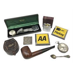 Victorian silver fusee lever pocket watch No. 5623, London 1874, together with Ronson lighter, AA badges etc