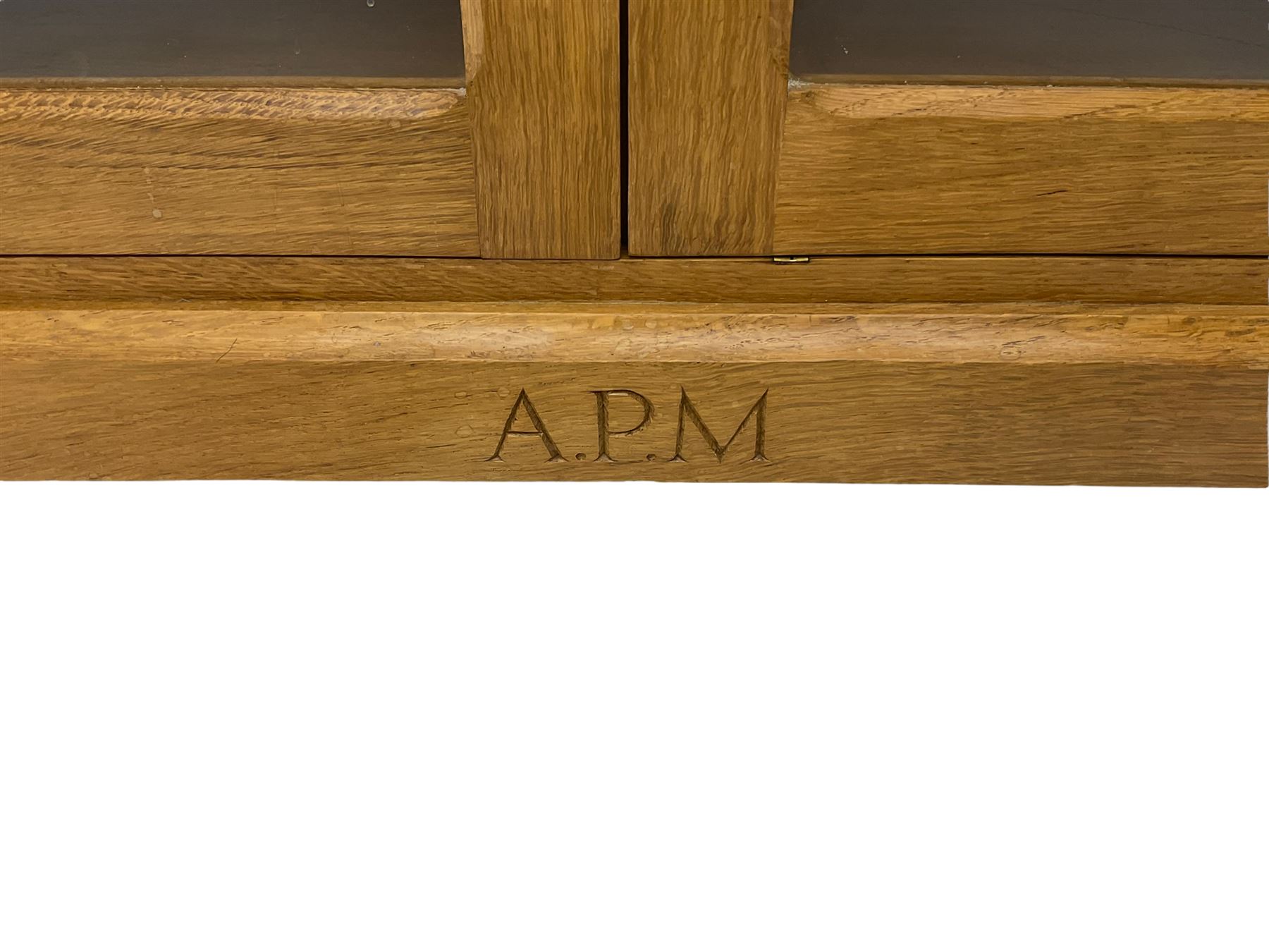 Catman - Yorkshire oak side cabinet, fitted with two glass doors, carved inset Cat signature, by Chris Checksfield of Whitby (Ex Gnomeman)