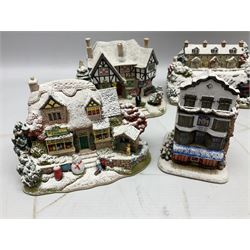 Five Lilliput Lane Illuminated Cottages, comprising Christmas is Coming, with box and deed, Christmas at Mol's, with box and deed, Christmas in Canterbury, with box and deed, Christmas Lights at Sweet Delights and The Three Kings, with box and deeds, together with twelve other Lilliput lanes, to include The First Noel, with box and deed, Winters Moonlight, Yuletide treats, with box and deed etc (17)