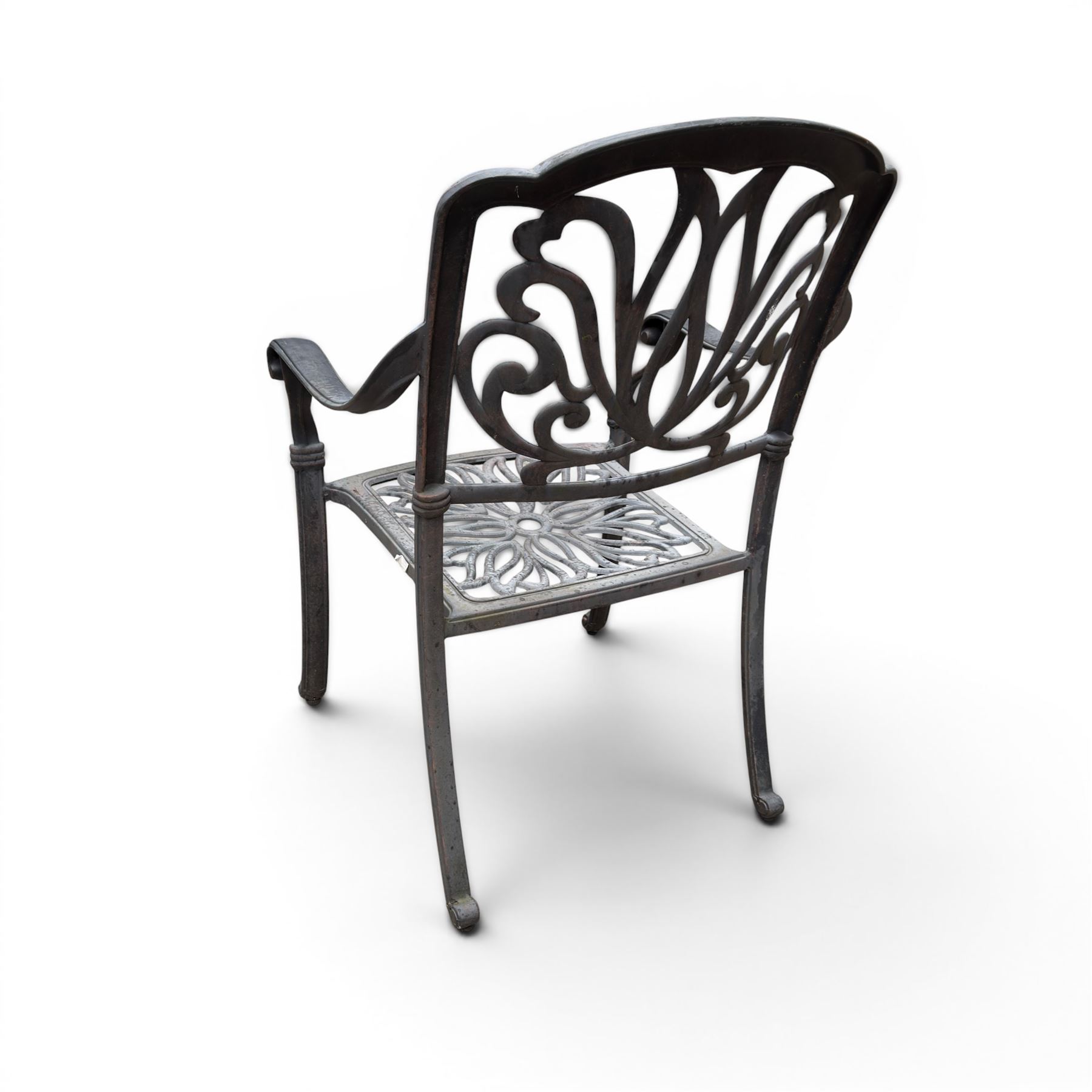 Painted aluminium rectangular garden table and five chairs, with loose seat cushions