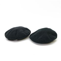 Two British Berets, fine green wool cloth with leather trim, cloth lining having makers details of “BRITISH BERET BASQUE LTD”, one with The Green Howards cap badge, together with other Green Howards buttons and badges, webbing bags and other military items