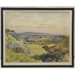 Edward H Simpson (British 1901-1989): 'Evening above Hackness', watercolour signed 36cm x 45cm; Mona Frow (British 20th century): 'Beech Trees', watercolour signed, titled on gallery label verso 26cm x 37cm (2)