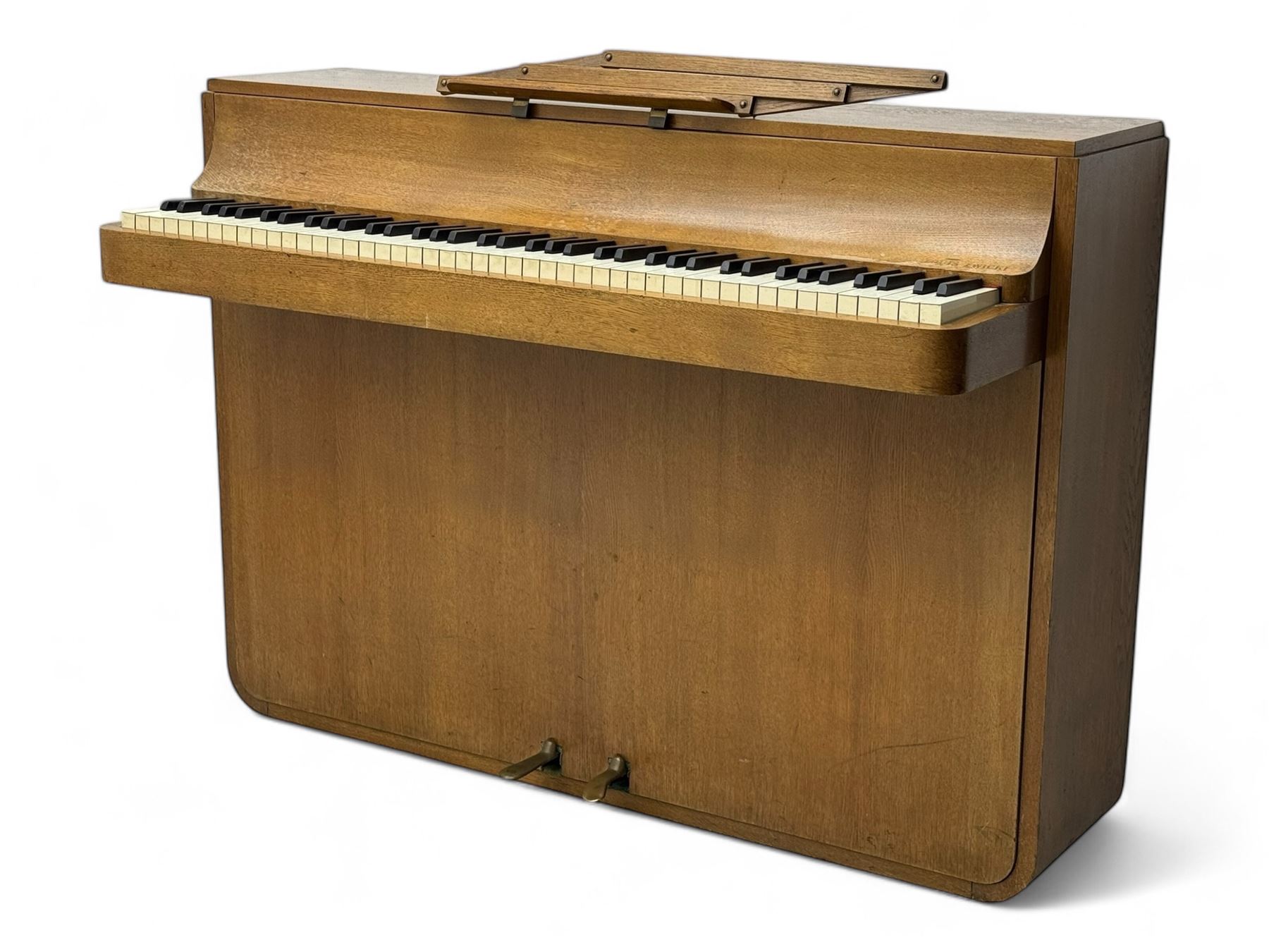 Louis Zwicki - mid-20th century oak cased compact piano, fitted with a folding music rest and full keyboard, dual brass pedals