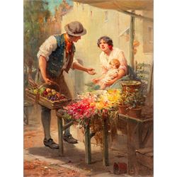 Stefano Novo (Italian 1862-1927): The Flirtatious Fruit Seller, oil on board indistinctly ...