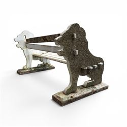 Composite stone white painted garden lion bench, the end supports in the form of standing lions, with pegged back and seat slats