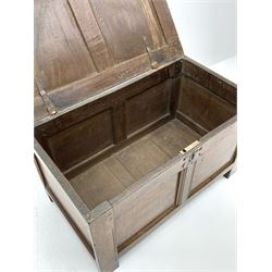18th century oak blanket box, panelled hinged lid, back, sides and front, on stile supports