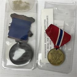 Japanese Order of the Sacred Treasure Medal (Zaihosho) in lacquered box; Norwegian Grunnlovsdag 1945 Medal with National Flag ribbon; three school attendance medals; four Royalty commemorative medals including both Victoria jubilees; quantity of medal ribbons and medal bars; medal issue boxes; badges; booklets etc