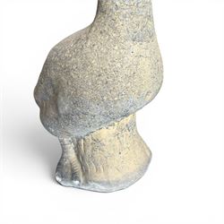 Large cast stone garden statue modelled as a standing goose on a naturalistic base