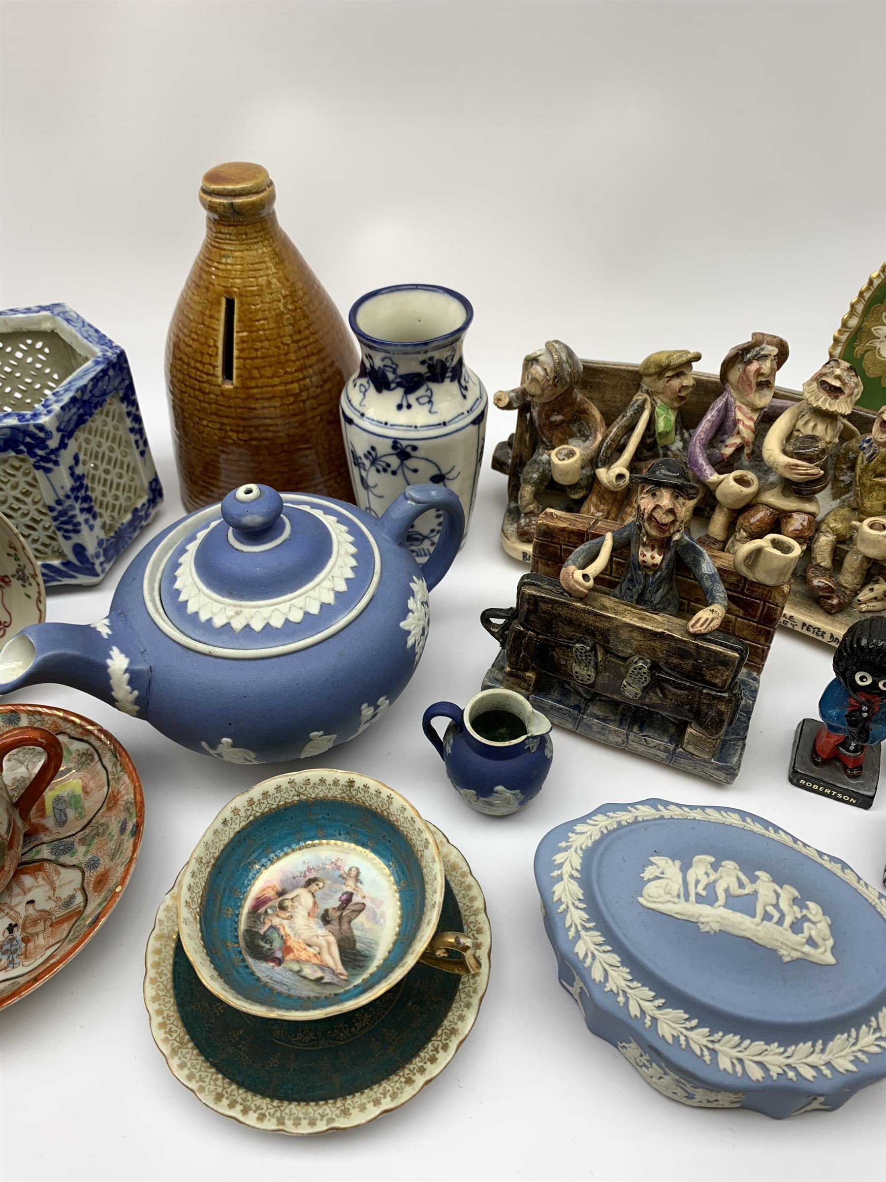 Pair of early 20th century Japanese hexagonal incense pots with reticulated panels and blue and white painted decoration, H9.5cm, a similar pot, three pieces of Runneford pottery, Sevres style porcelain box and cover, pair of Continental Lace pattern vases, Wedgwood jasperware and other ceramics