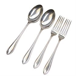 Mid 20th century silver canteen of Sandringham pattern cutlery for six place settings, comprising table spoons, table forks, silver handled table knives with stainless steel blades, dessert spoons, dessert forks, silver handled dessert knives with stainless steel blades, teaspoons, coffee spoons, silver handled fish knives and fish forks with silver blades, hallmarked Viner's Ltd, Sheffield 1955, contained in a wooden canteen with single drawer