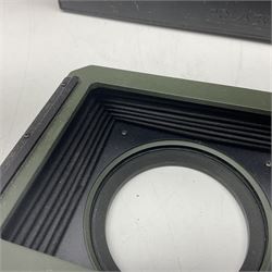 Zenza Bronica ETRS camera body, safari edition, serial no. 7100811, with 'Zenza Bronica Zenzanon EII 1:2.8 f=75mm' lens, serial no. 7908591, film magazine back, safari, serial no. 8100564, AE-ii metering head, safari, serial no. 617024, etc, all in leather case