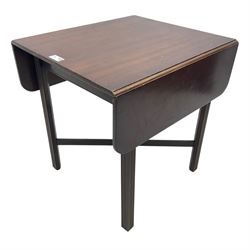 19th century mahogany drop-leaf occasional table, rectangular top with two drop leaves, raised on fluted supports united by X-stretcher