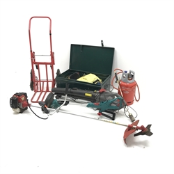 ST-BC415B strimmer, a leaf blow, gas blow torch, sack barrow,  two tier ladders, and other tools