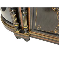 Victorian ebonised and inlaid credenza, break-front with curved ends, the front fitted with two curved glazed doors and central panelled door, inlaid with scrolling foliate and star motifs, quadruple turned and fluted pilasters to front, gilt egg and dart moulded edge on plinth base with figured walnut band, on turned feet