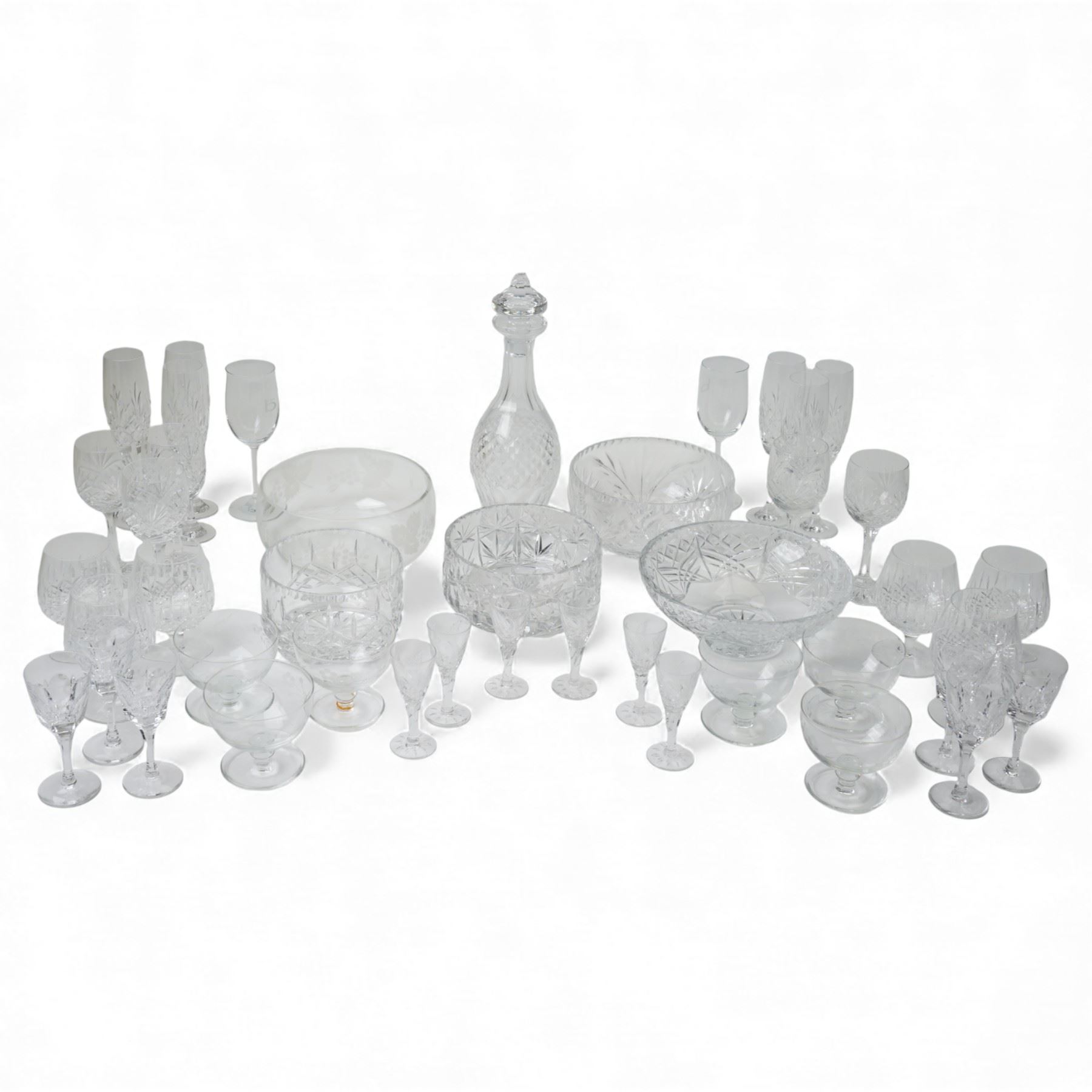 Waterford Crystal 'Colleen' pattern cut glass decanter, H34cm; together with other crystal wares including Stuart and Edinburgh examples, many unmarked