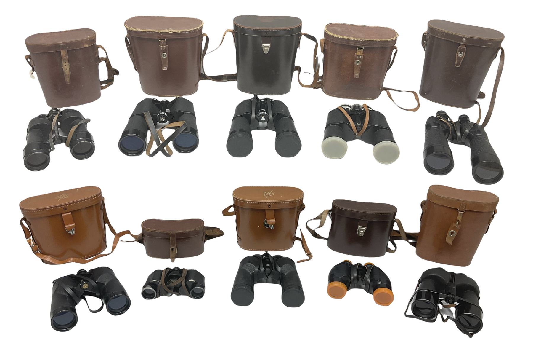 Ten cased pairs of binoculars, to include Ross London Steplux 7x50, Ross Solaross 16x60, Crescent zoom 7x- 12x50, Hilkinson 20x60,  Ross Stepnada 7x30,  Philo 10x50 etc