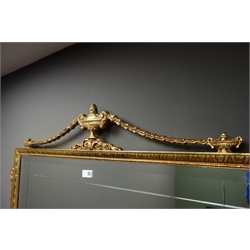  Gilt framed arched top bevel edged mirror, (W87cm, H114cm), and an ornate rectangular mirror with urn pediment   