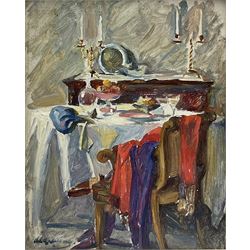 English School (Early 20th century): Dining Table set for One, oil on panel indistinctly signed 25cm x 20cm