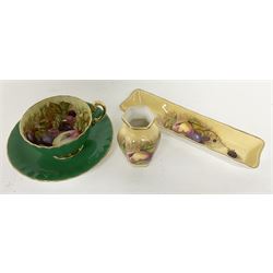 Collection of Aynsley Orchard Gold pattern items, comprising cup and saucer, rectangular trinket dish and miniature vase