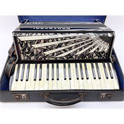 Italian Mantovani piano accordion with Art Deco style black and white case, twenty-four keys and one-hundred and twenty buttons L52cm in carrying case