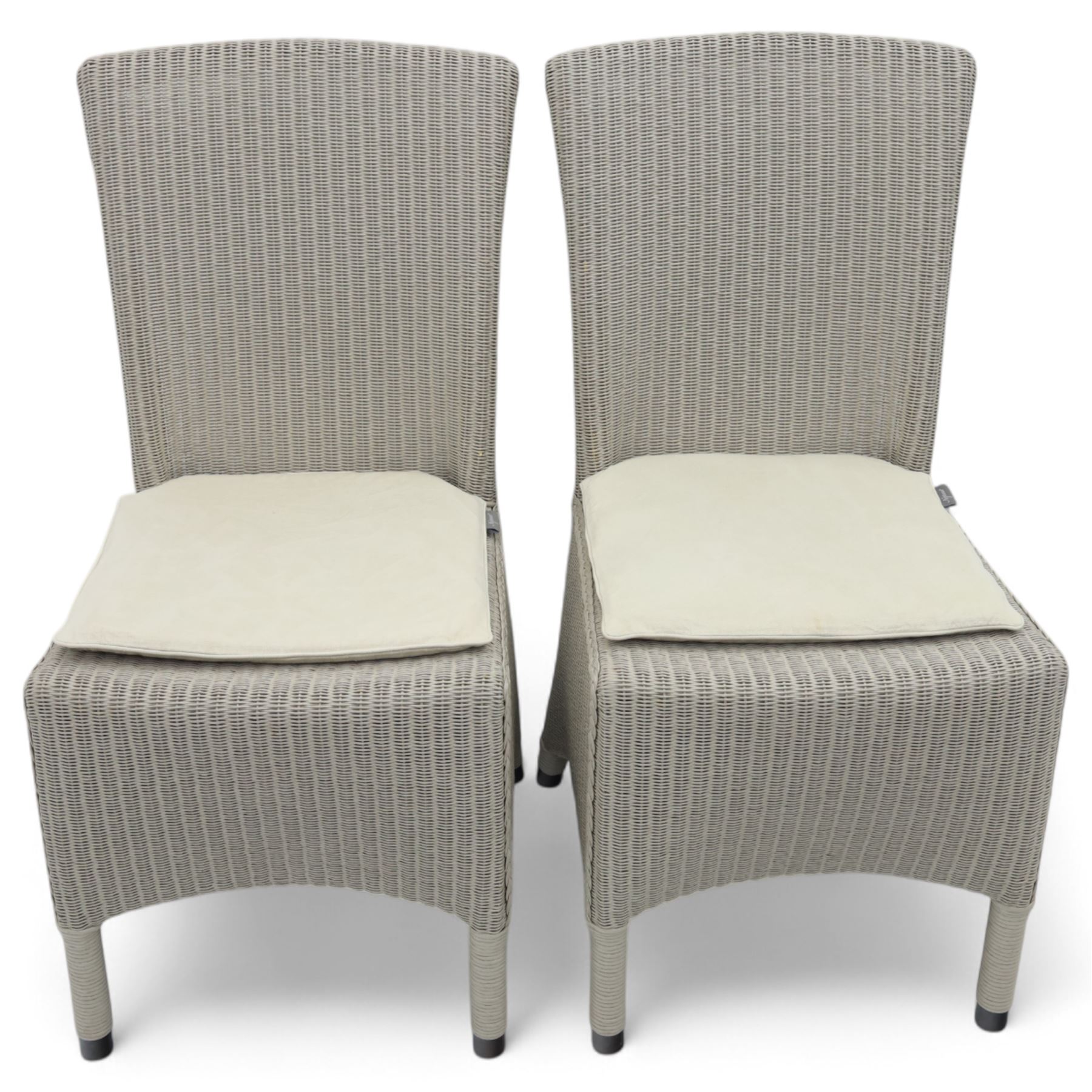 Neptune – Sheldrake limed oak extendable dining table and eight Havan loom chairs, the oval top in limed oak finish with four additional leaves extending the table to seat up to ten (Extends to cm), raised on turned legs with two additional centre supports, the matching Havan loom chairs finished in grey with cream upholstered seat covers (H 95cm, W 47cm, D 55cm)