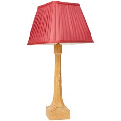 Mouseman - tooled oak table lamp, tapered octagonal stem terminating to square base carved...