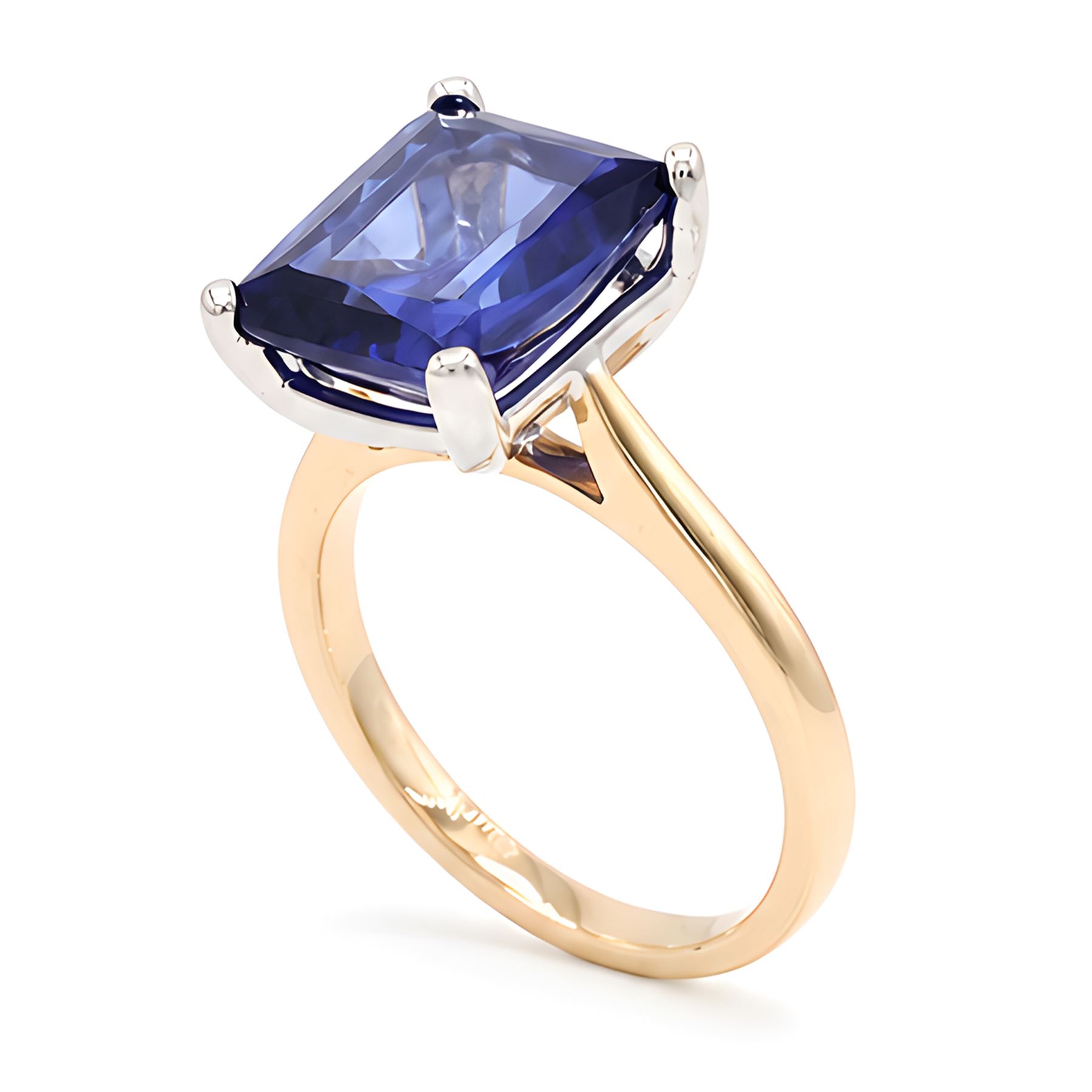 18ct rose gold and platinum synthetic sapphire ring, set with a single cushion cut sapphire of approx 6.95 carat, hallmarked