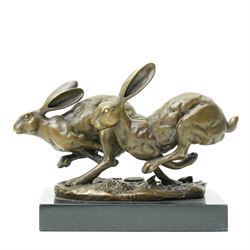 Bronze figure group, modelled as two hares in chase, after 'Nick', with foundry mark, upon a rectangular base, H11cm L15cm