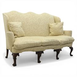 19th century Queen Anne style cream foliate upholstered three seat settee, the shaped and ...