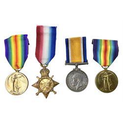 Two WW1 pairs of medals comprising British War Medal and Victory Medal awarded to 24506 Pte. A.E. Warland L.N. Lan. R.; and 1914-15 Star and Victory Medal to 12803 Cpl. J. Evans Devon R.; all with ribbons (4)
