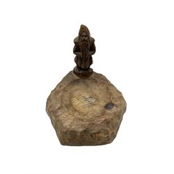 Gnomeman - tooled oak ashtray, hexagonal form with carved standing gnome signature, by Thomas Whittaker of Littlebeck, W12cm