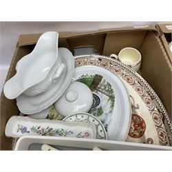 Four large meat platters, Royal Worcester Bunnykins mug and a large collection of other ceramics, including vases, dinner plates, teawares, etc, in five boxes 