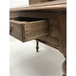 Eastern hardwood clerks desk, raised back with pierced gallery, four small drawers above sloping front, two long drawers, turned supports