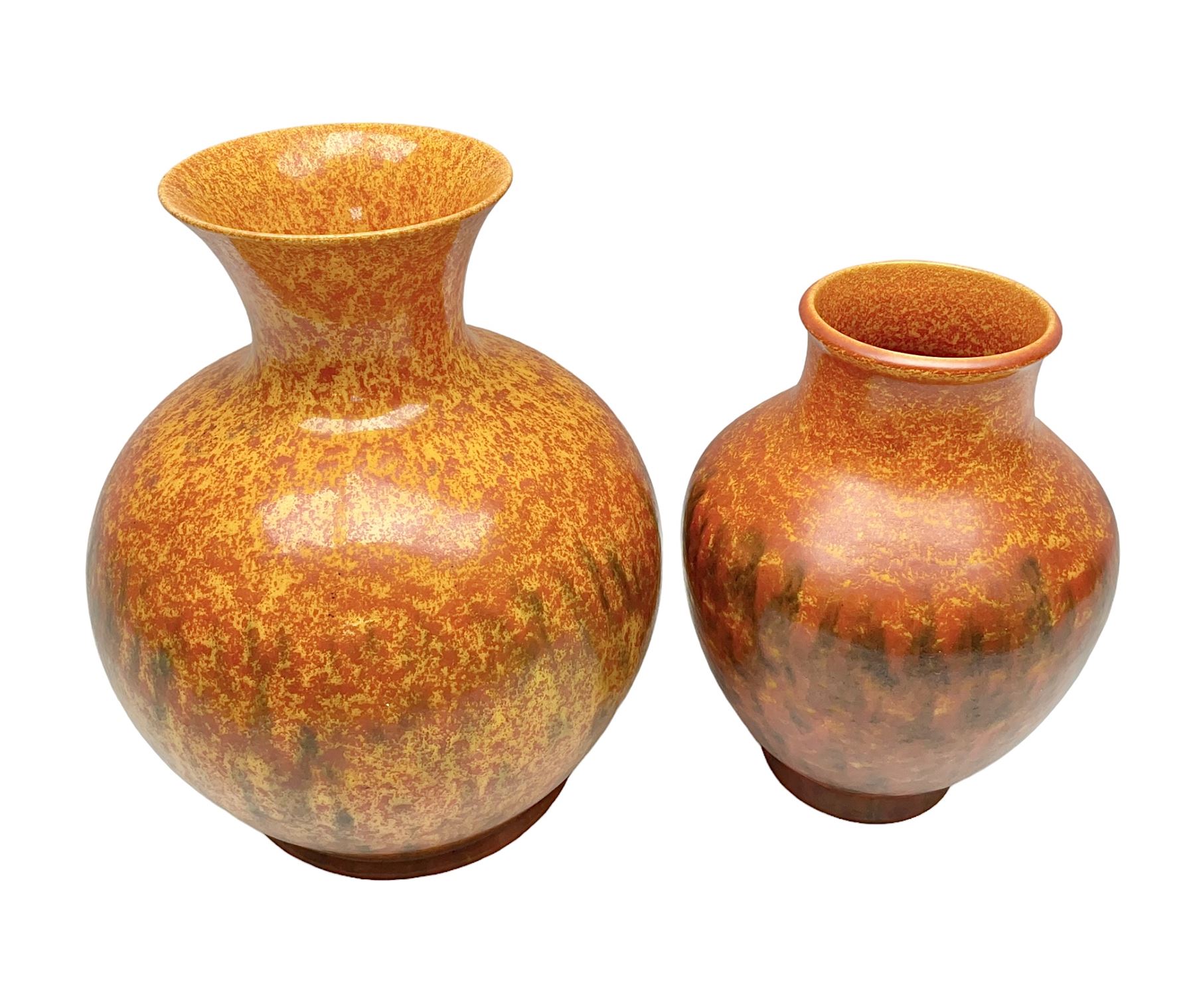 Two Pilkington's Royal Lancastrian vases of baluster form decorated in orange Vermillion, larges H27cm