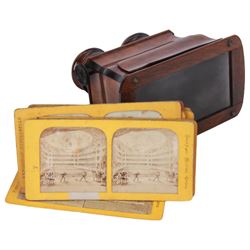 Early 20th century Brewster pattern stereo viewer in burr walnut finish, together with twenty one slides of Parisian scenes