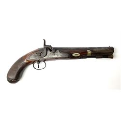 19th century flintlock converted to percussion cap target pistol, the 20.5cm barrel engraved with a sunburst motif to the top and ramrod under, foliate engraved lock-plate and trigger guard, silver plated fittings, walnut stock with chequered grip and melon fluted butt L35.5cm overall