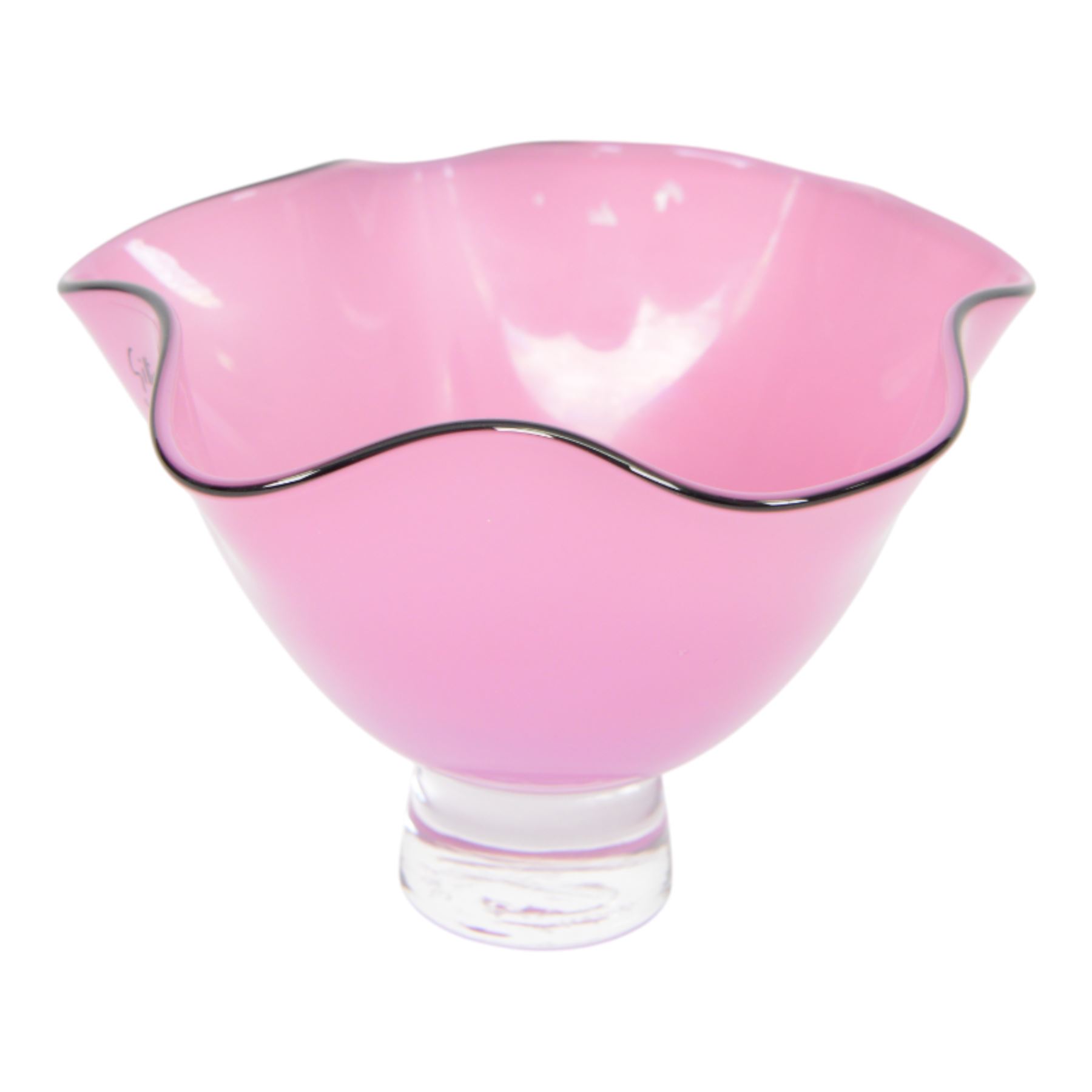 Gillies Jones pink glass bowl with crimped black rim upon a pedestal foot, H11cm