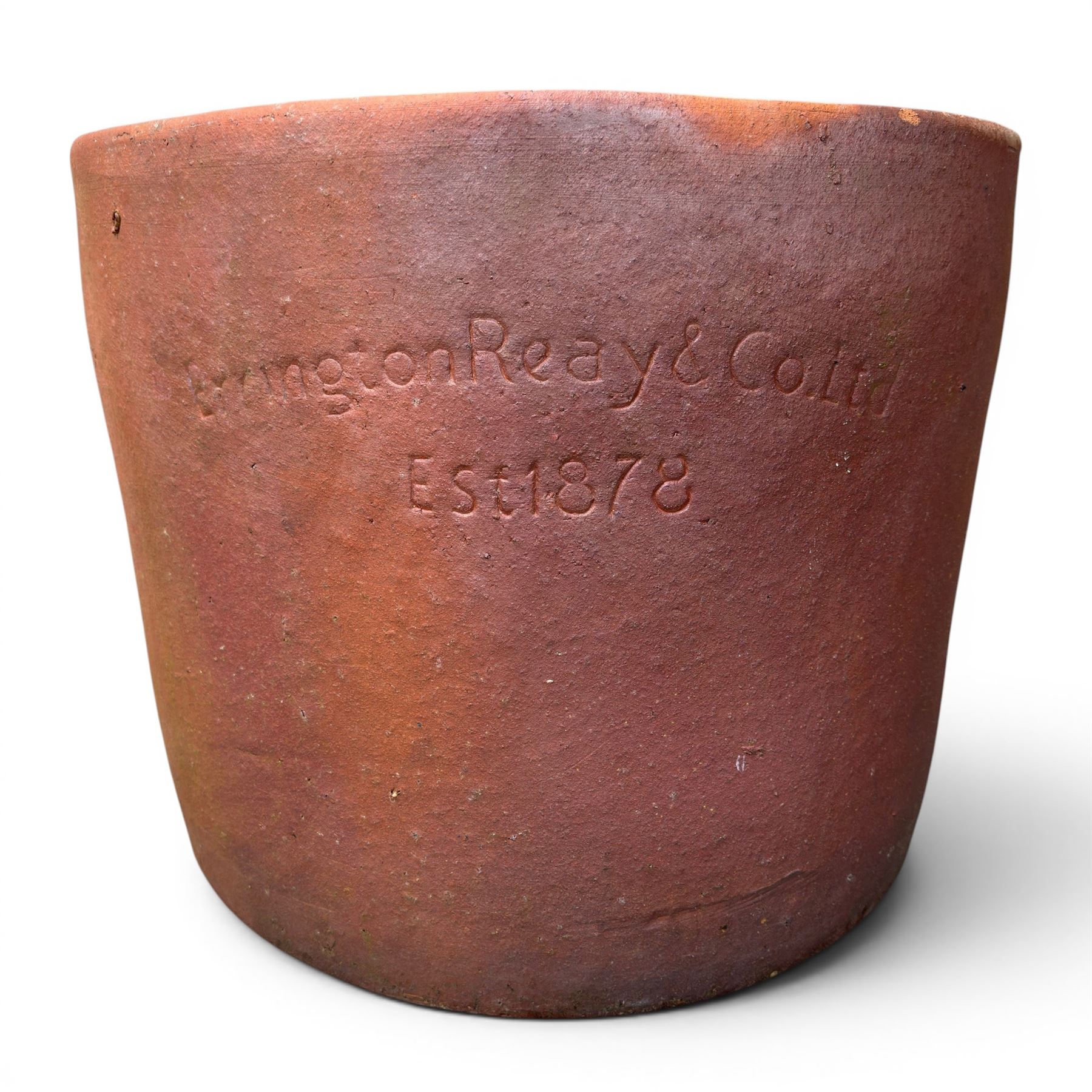 Large terracotta circular planter, oval form with ribbed top, planted; and an Errington Reay & Sons terracotta planter