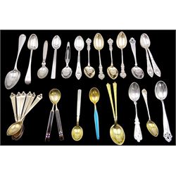 Collection of silver and silver-gilt coffee spoons, including Norwegian and Danish silver examples by George Jensen and enamel examples by Anton Michelsen, each with impressed marks beneath 