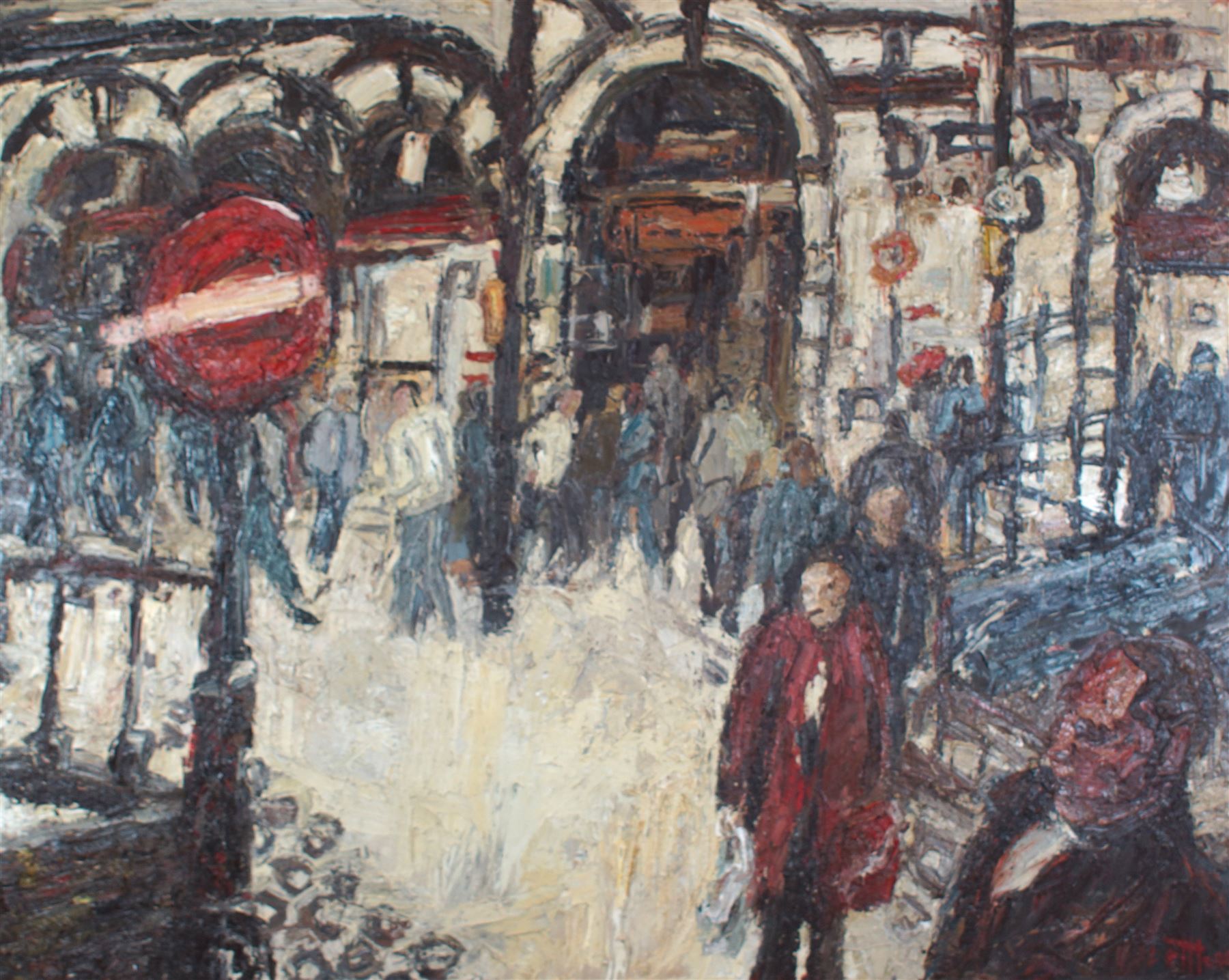 Barry De More (Yorkshire 1948-2023): 'Outside Bradford and Bingley' Station, oil and impasto on canvas signed, inscribed and dated '06 verso 120cm x 152cm