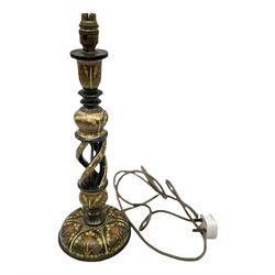  Kashmiri papier mache table lamp, open spiral twist column decorated with flowers, on a turned base,  H43cm