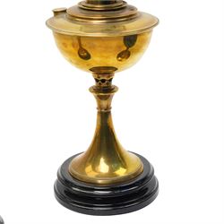 Victorian brass table oil lamp with painted green glass reservoir, another with blue glass reservoir and one other lamp (3)