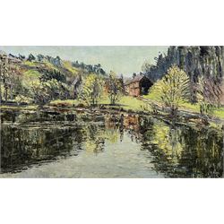 F Potts (British 20th century): River Reflections, impasto oil on canvas signed 45cm x 75cm