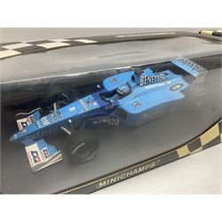 Three Minichamps 1:18 scale die-cast racing cars - B.A.R. Honda 006 J. Button; limited edition Benetton Renault Sport Showcar 2001 J. Button; and limited edition Benetton Renault Sport Showcar 2001 G. Fisichella; all boxed (3)