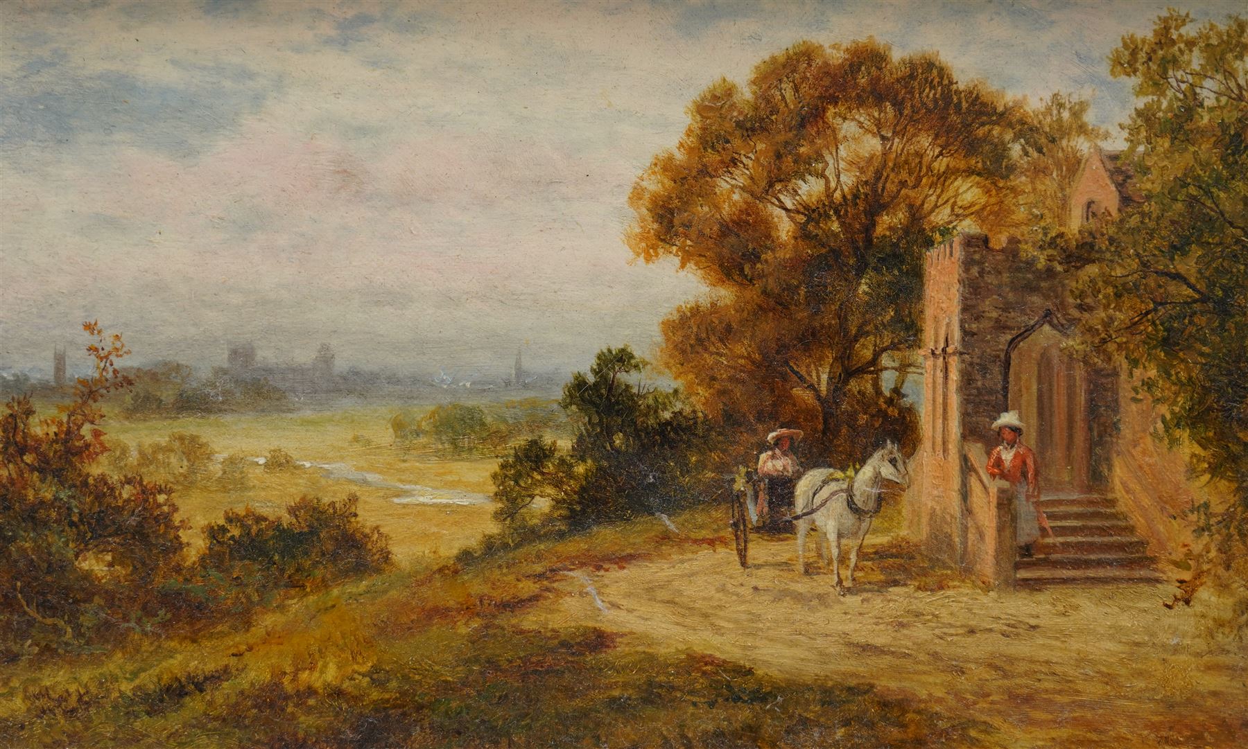 Robert Gallon (British 1845-1925): Horse and Cart by Church - 'Warrick (Warwick)', oil on canvas signed 17cm x 27cm